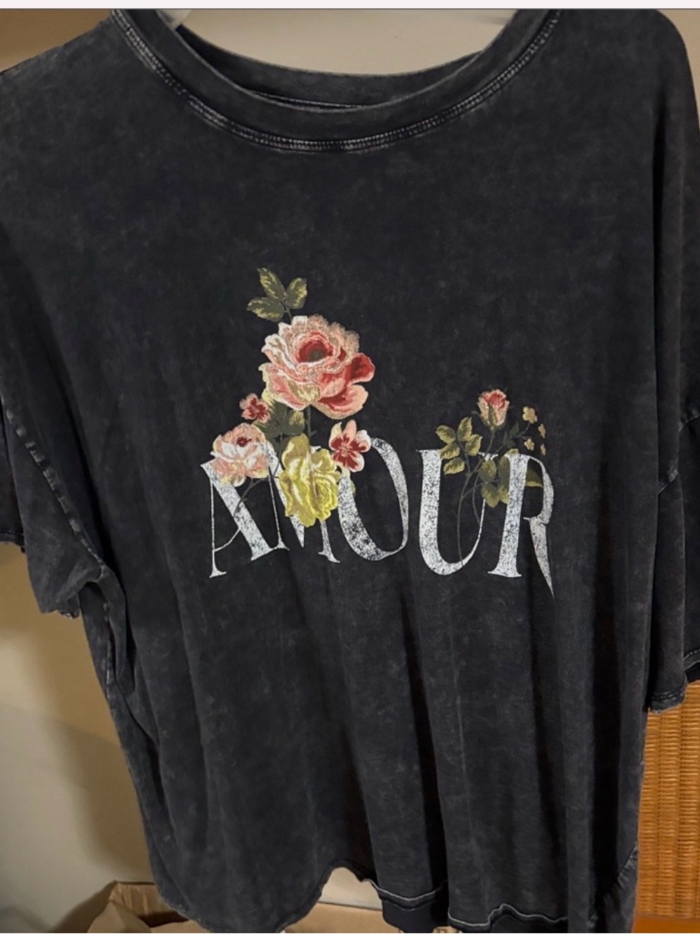 2X 3X Retro Amour Floral Graphic Acid Washed Short Sleeve Tee Black Roses